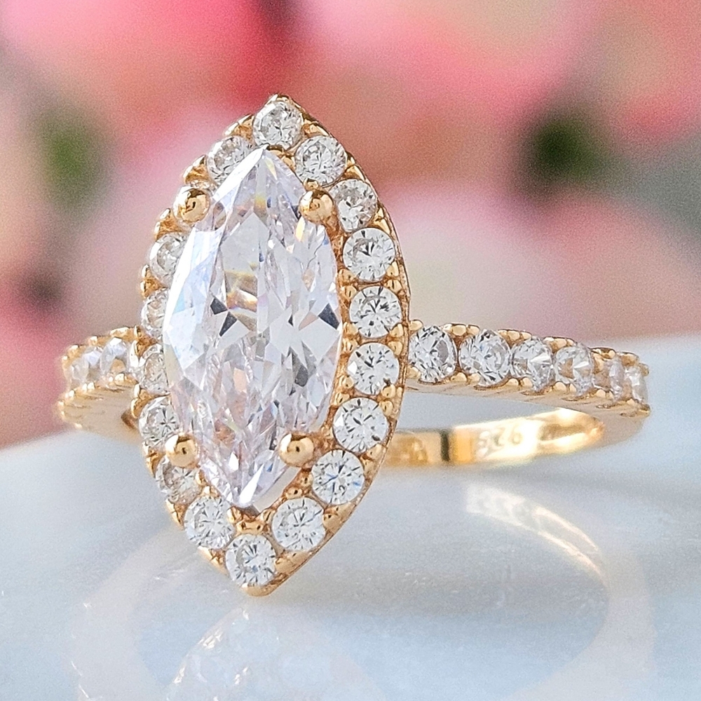 Gold marquise ring, 925 Sterling Silver, 10k Gold Finish Charmed Aroma
